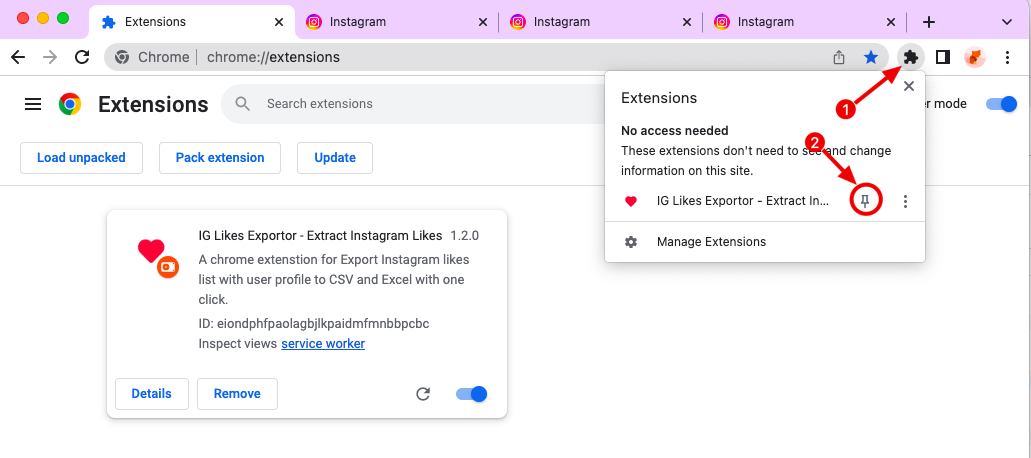 IGLikesExport chrome extension install pin